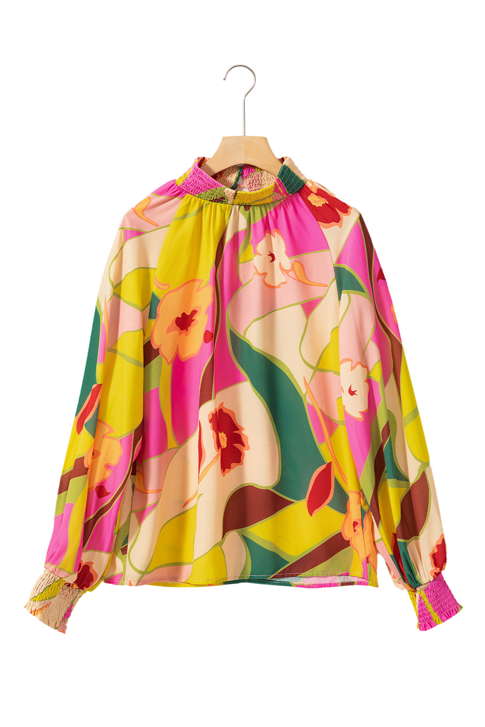 Blouse multicolore à imprimé floral et ourlet smocké à col montant