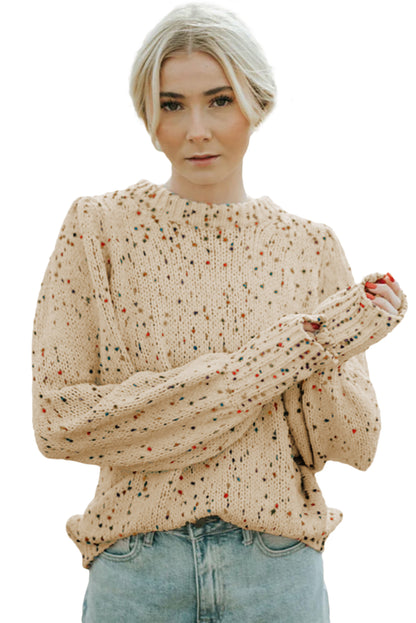 Beige Colorful Dots Cable Knit Crew Neck Sweater