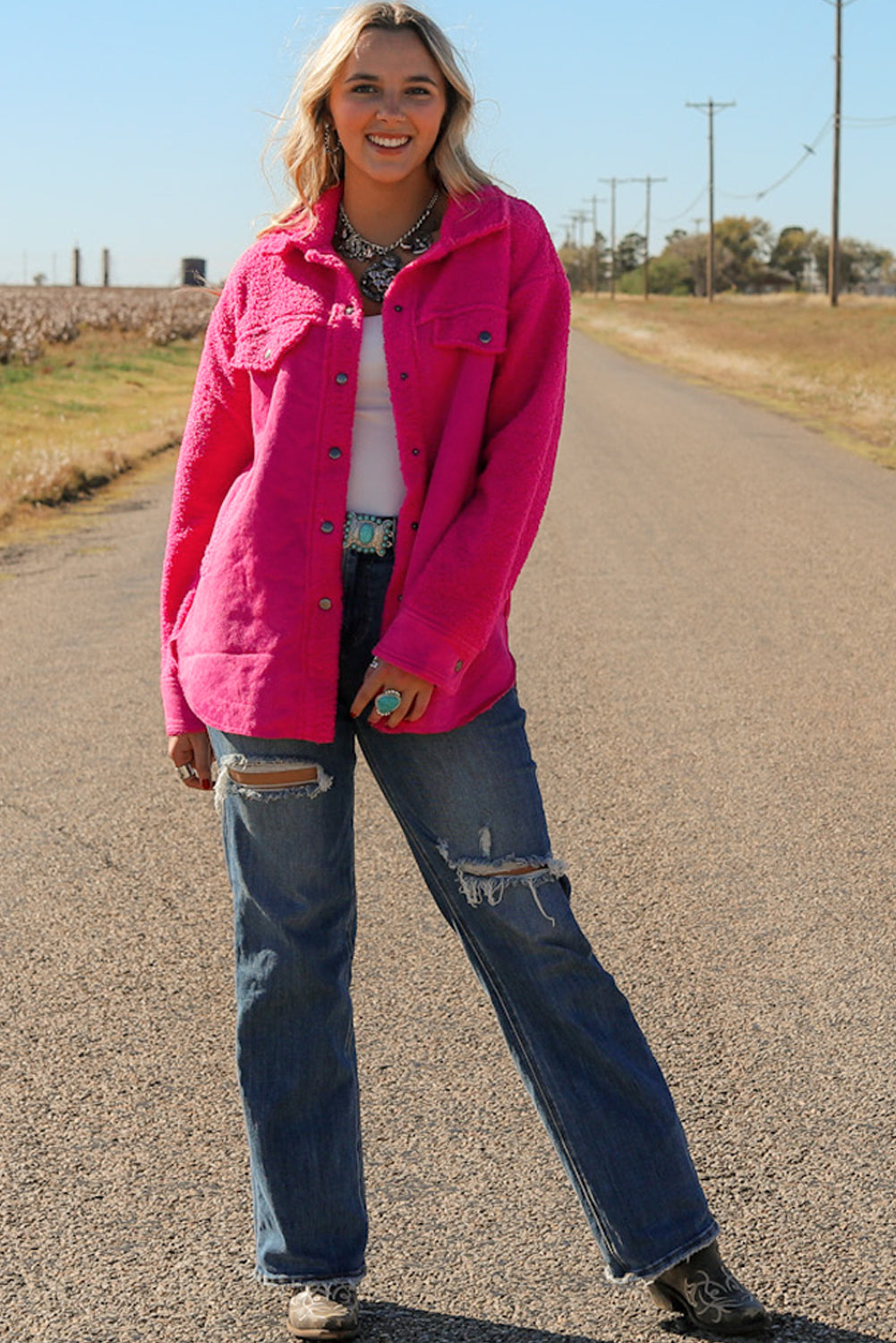 Veste boutonnée patchwork sherpa en faux suède rose vif