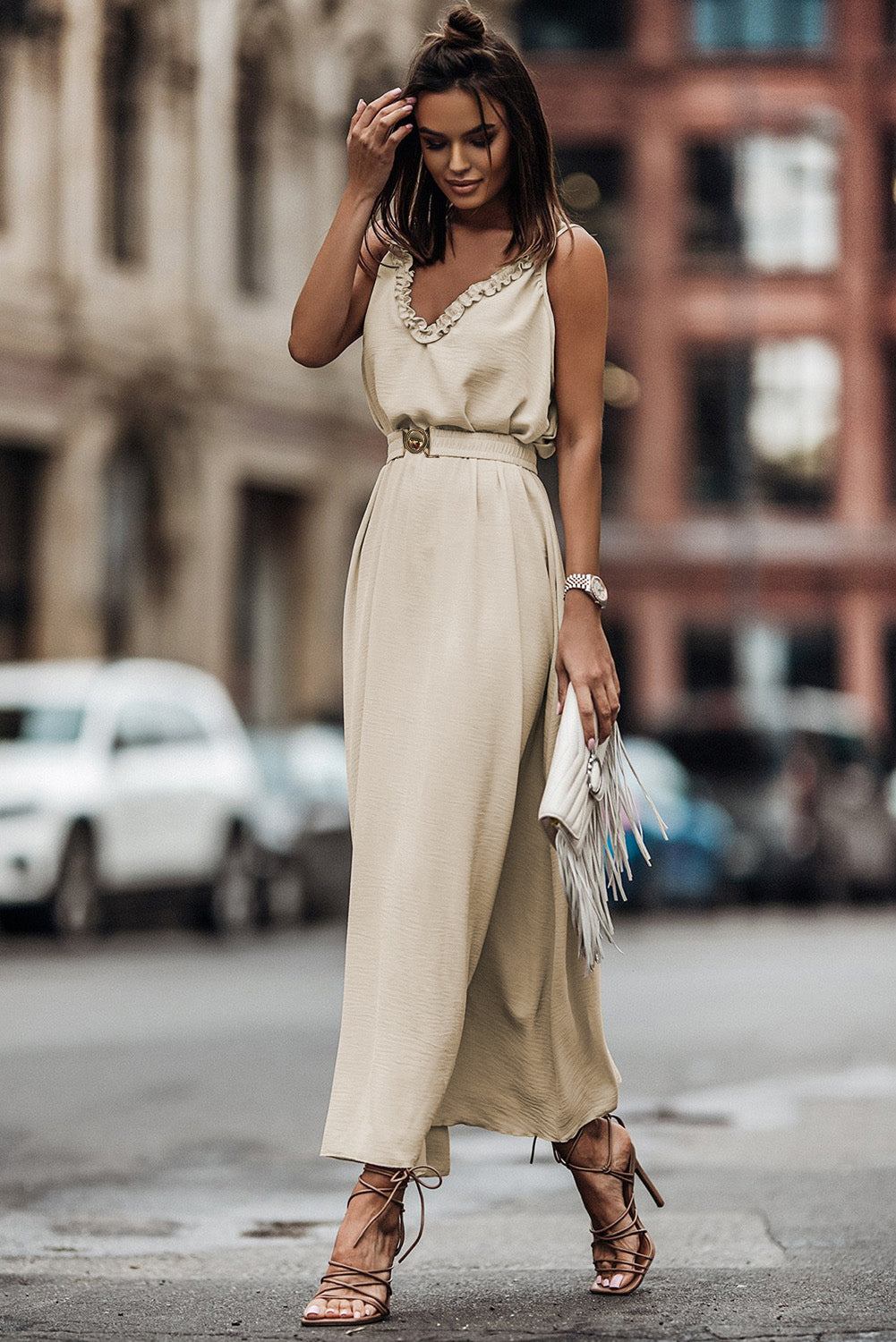 Apricot V Neck Sleeveless Maxi Dress with Elastic Belt