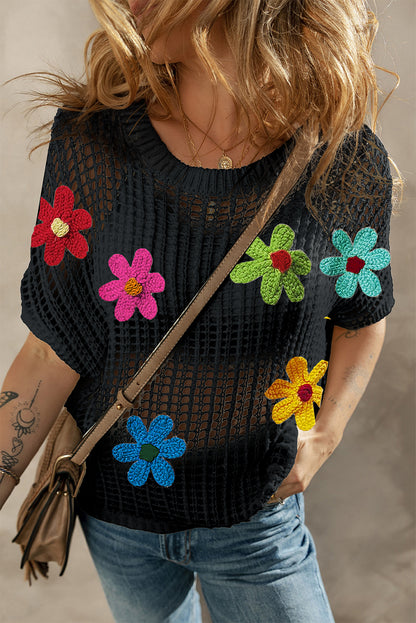 T-shirt pull noir à fleurs en crochet ajouré