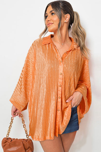 Grapefruit Orange Solid Color Crinkled Wide Sleeve Button up Shirt