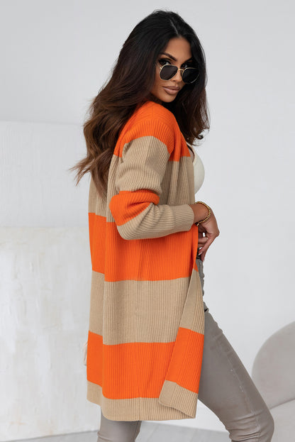 Cardigan de malha com nervuras colorblock laranja