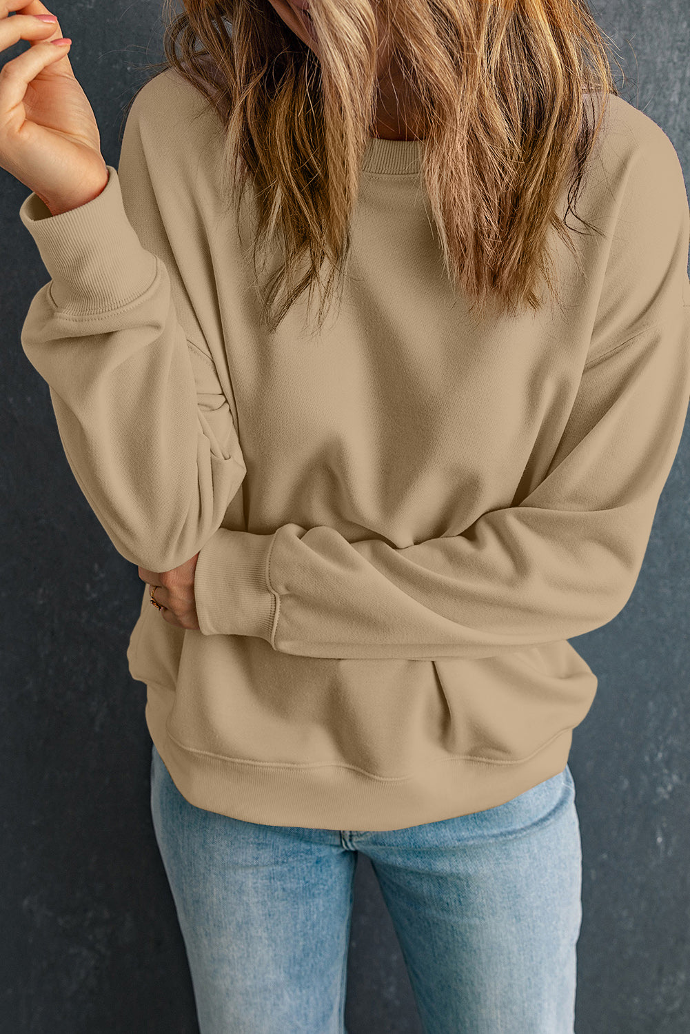 Sweat-shirt beige uni classique à col rond