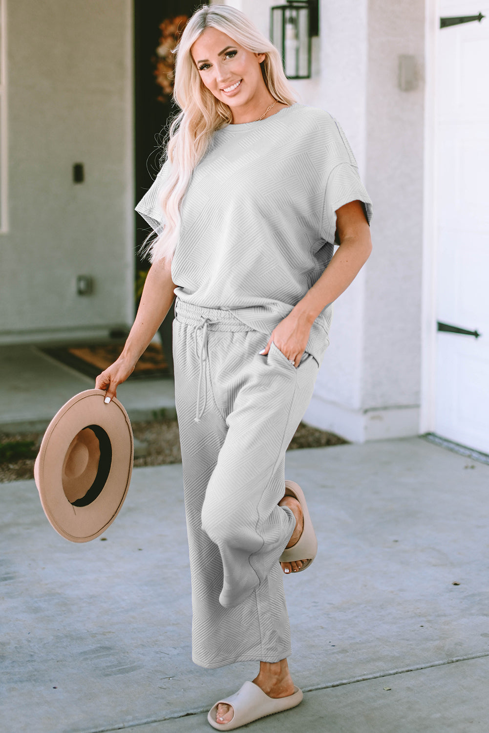 White Textured Loose Fit T Shirt and Drawstring Pants Set