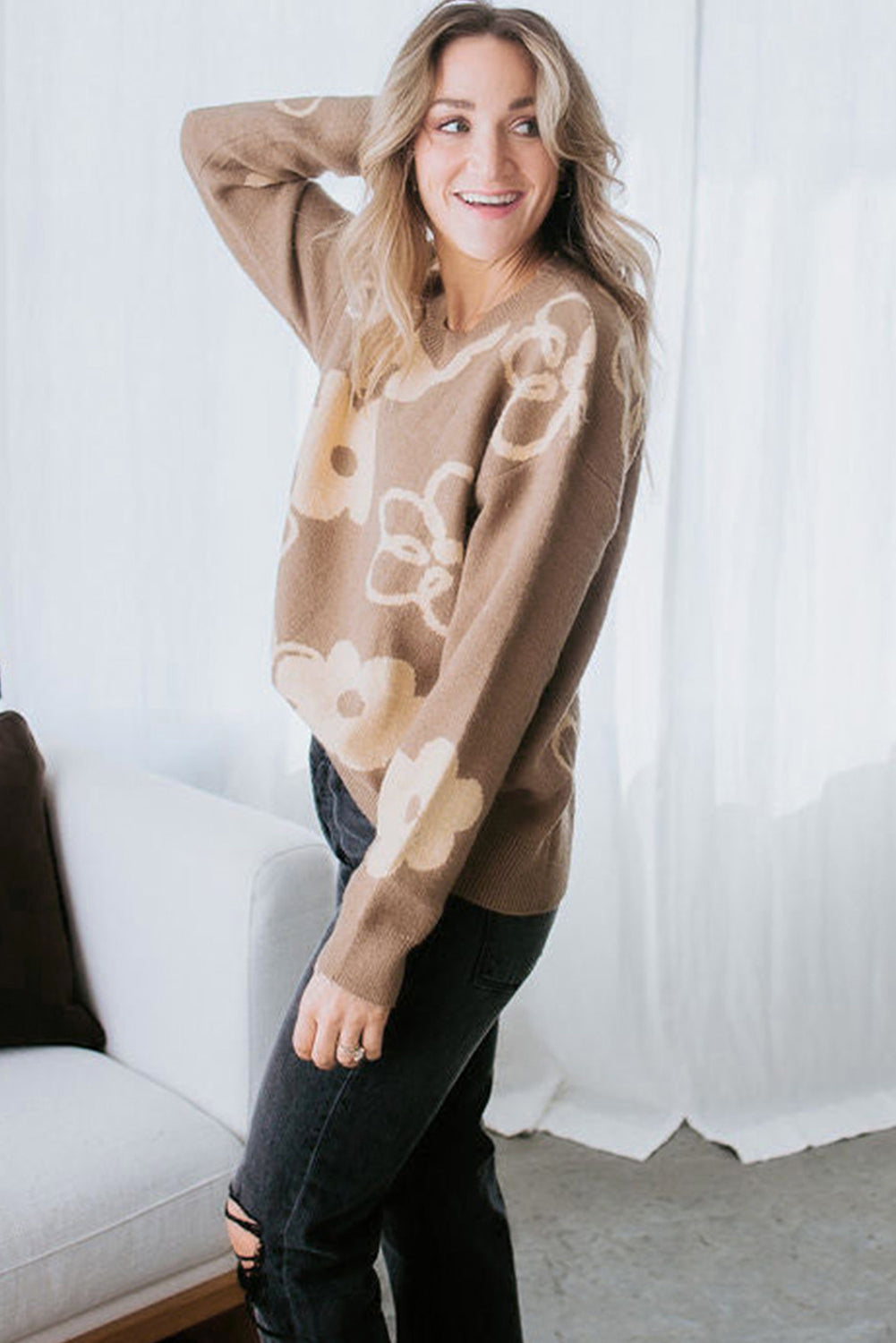 Camel Floral Drop Shoulder Ribbed Trim Sweater