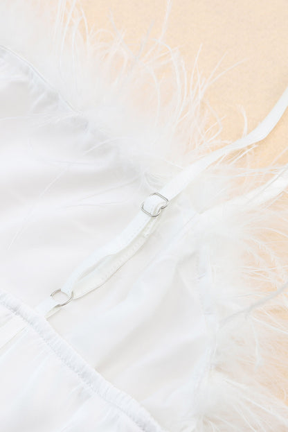 White Fluffy Feather Trim Strapless Mini Dress