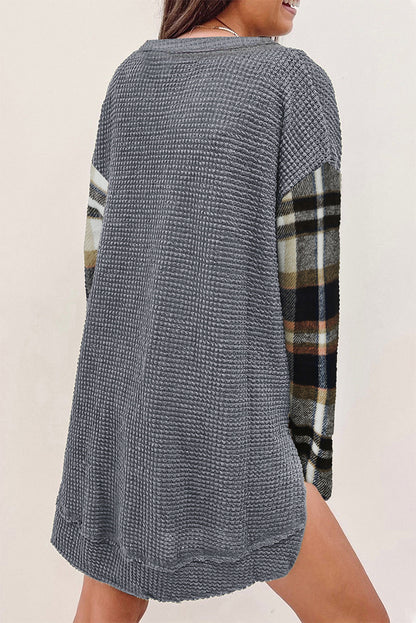 Dark Grey Loose Plaid Patchwork Textured Knit Henley Top