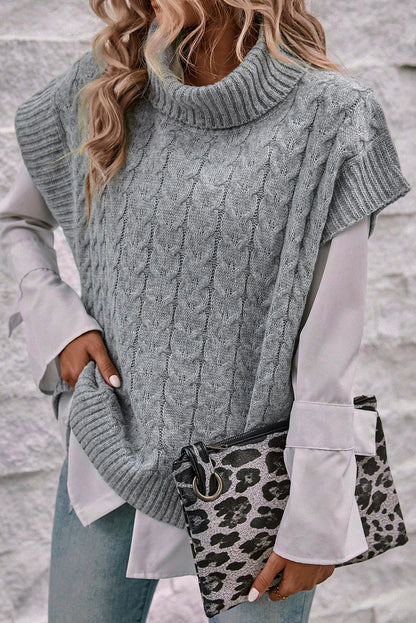 Pull à col roulé et manches chauve-souris en tricot torsadé gris moyen