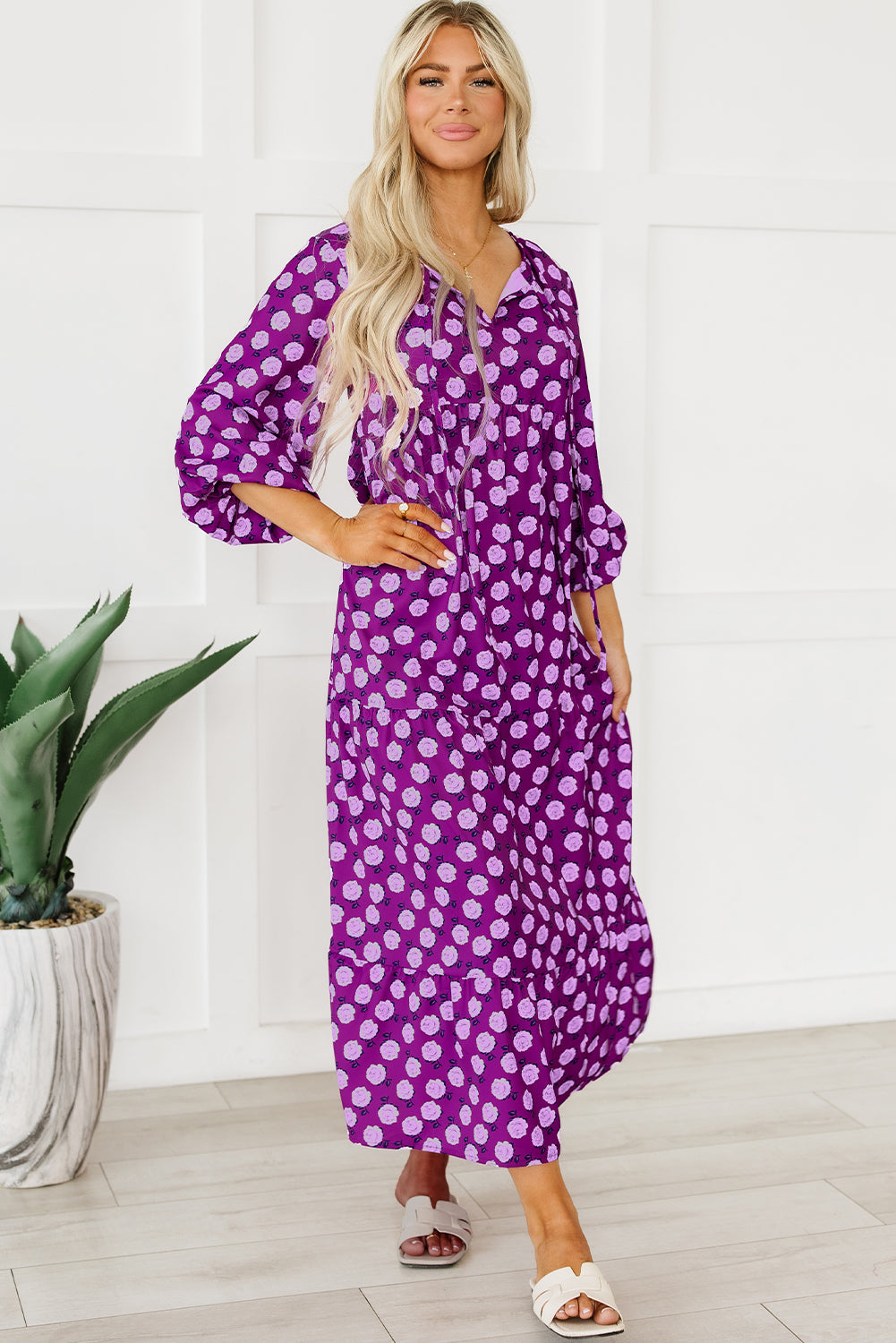 Vestido Maxi Roxo Boho Estampado Manga Puff