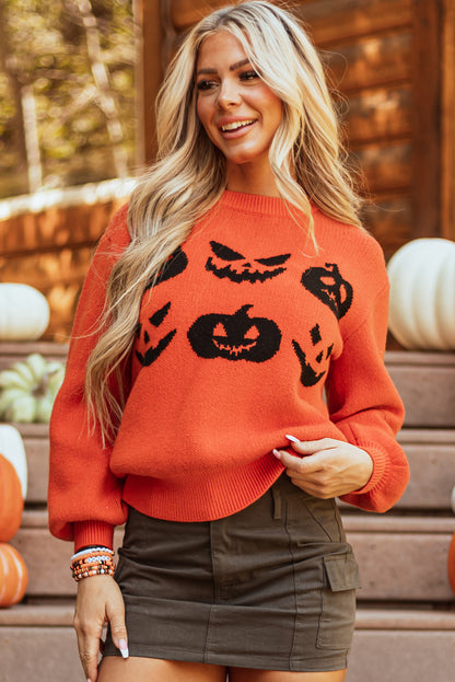 Orange Halloween Pumpkin Face Pattern Drop Shoulder Sweater