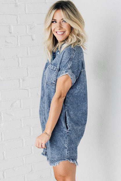 Blue Mineral Wash Cuffed Sleeve Frayed Hem Denim Dress