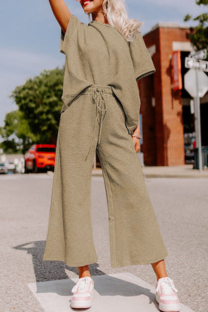 White Textured Loose Fit T Shirt and Drawstring Pants Set