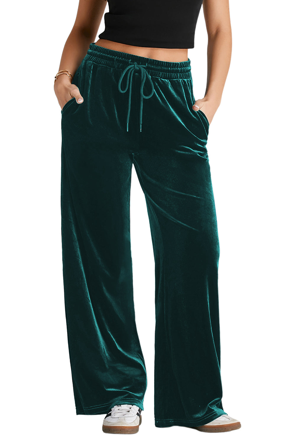 Black Solid Drawstring Waist Wide Leg Pants