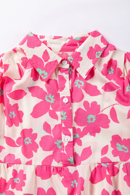 Vestido mini camisa floral rosa com manga bufante em camadas