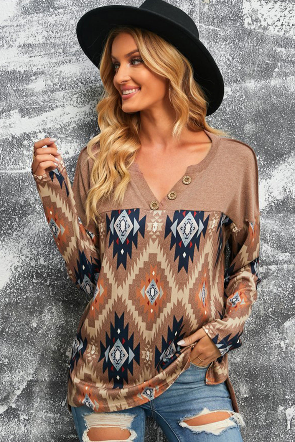 Brown Western Aztec Print Buttoned V Neck Top