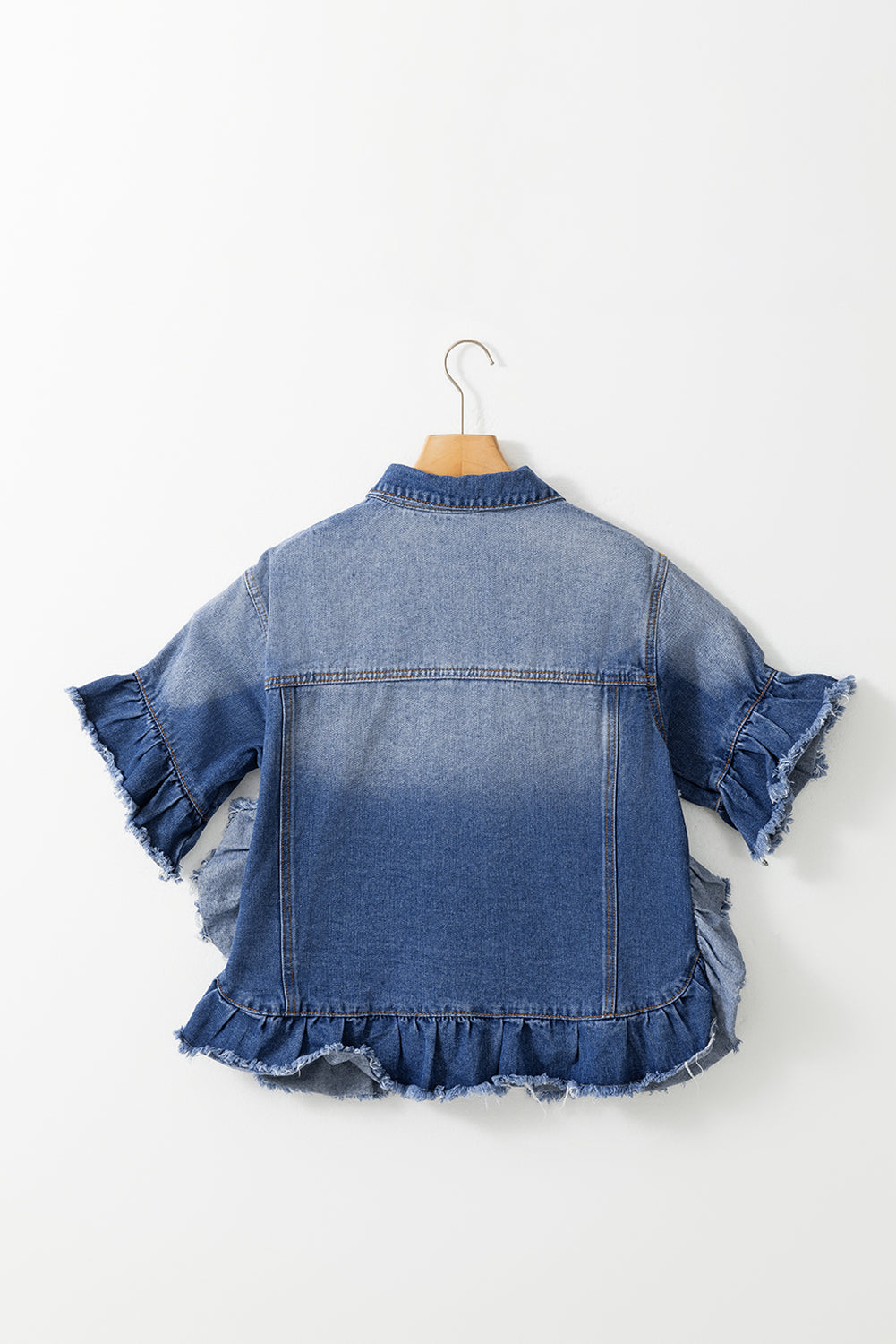 Black Raw Edge Ruffled Short Sleeve Denim Jacket