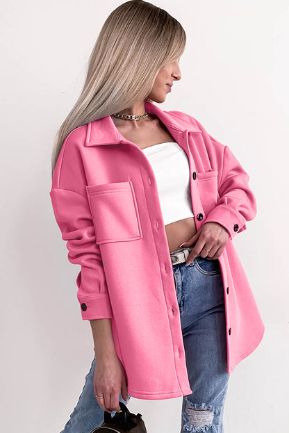 Shacket de manga comprida com bolso rosa de cor sólida