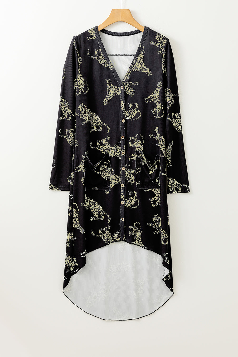 Black Printed Animal Print Ribbed Knit Cardigan