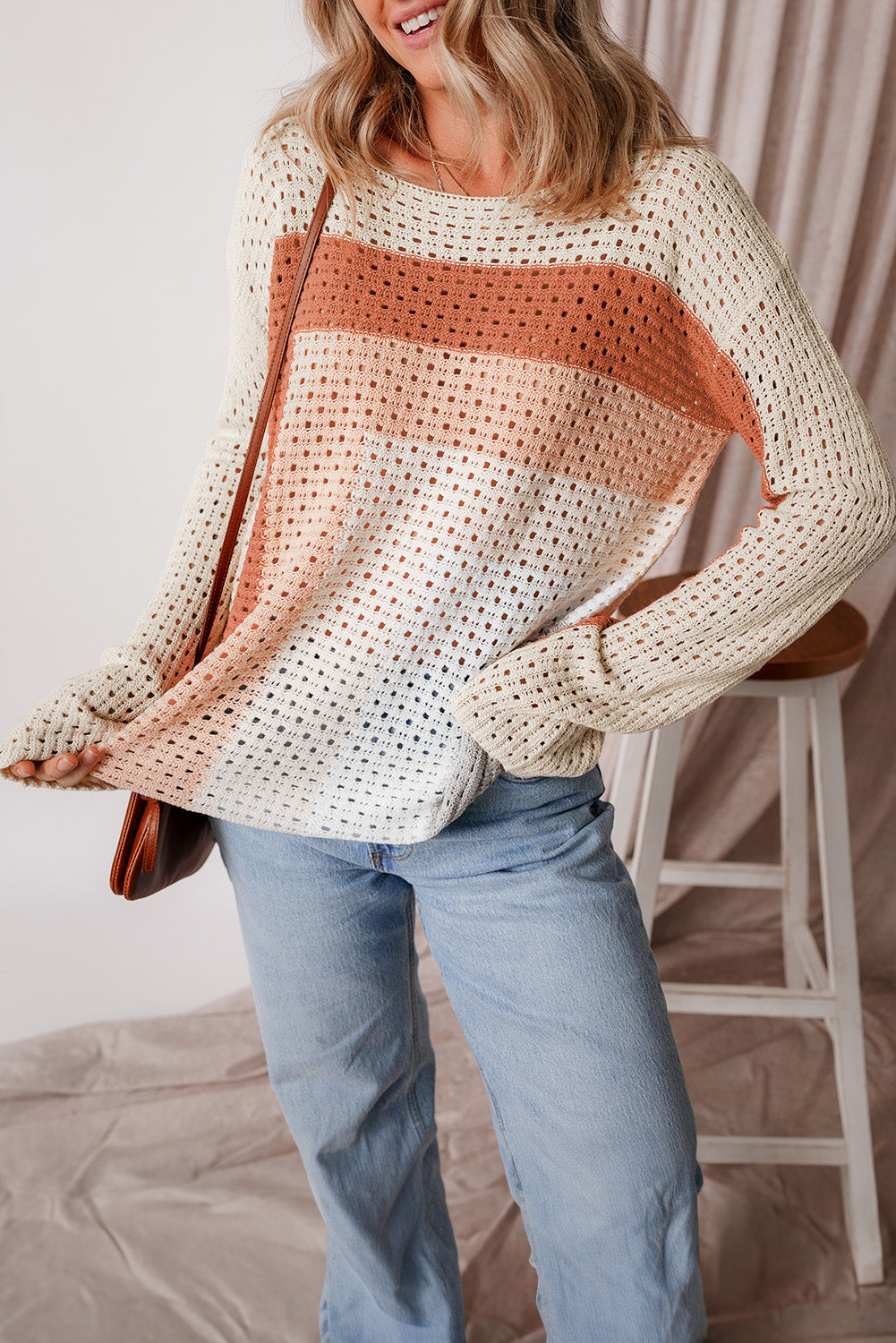 Apricot Pointelle Knit Colorblock Baggy Sweater