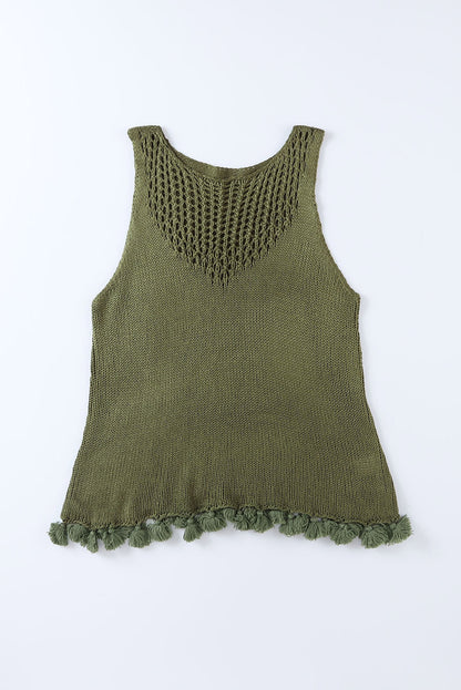 Débardeur vert en tricot ajouré au crochet à glands