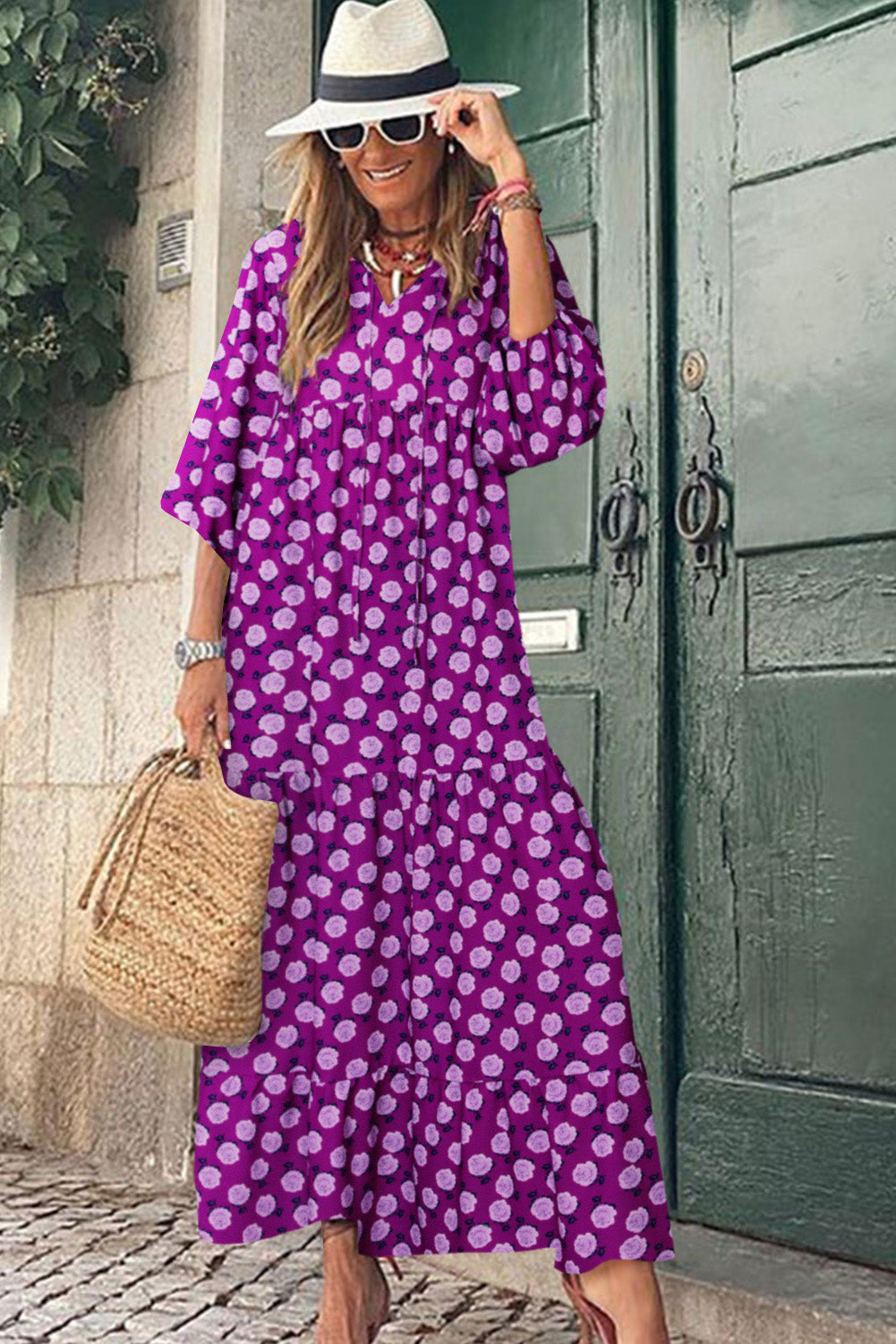 Vestido Maxi Roxo Boho Estampado Manga Puff