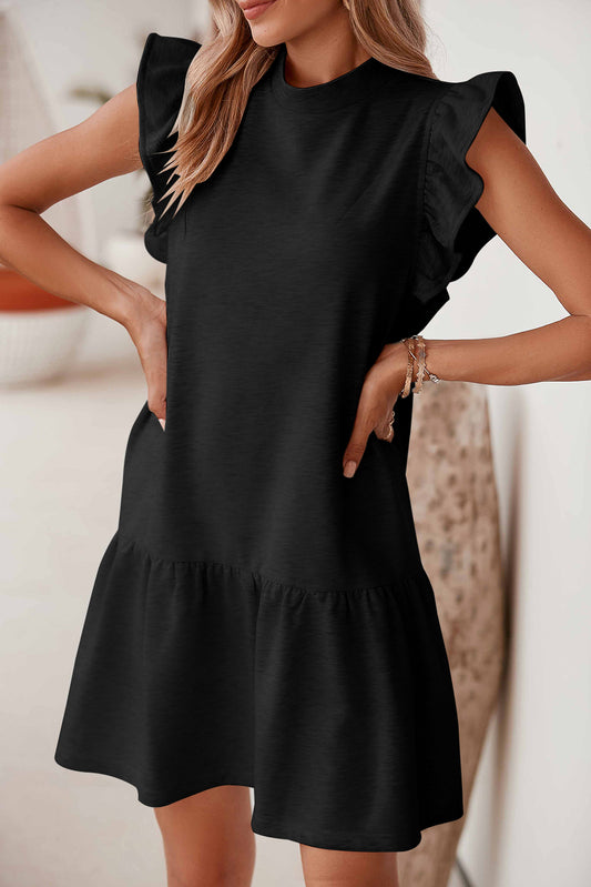 Black Flutter Sleeve Crew Neck Shift Dress