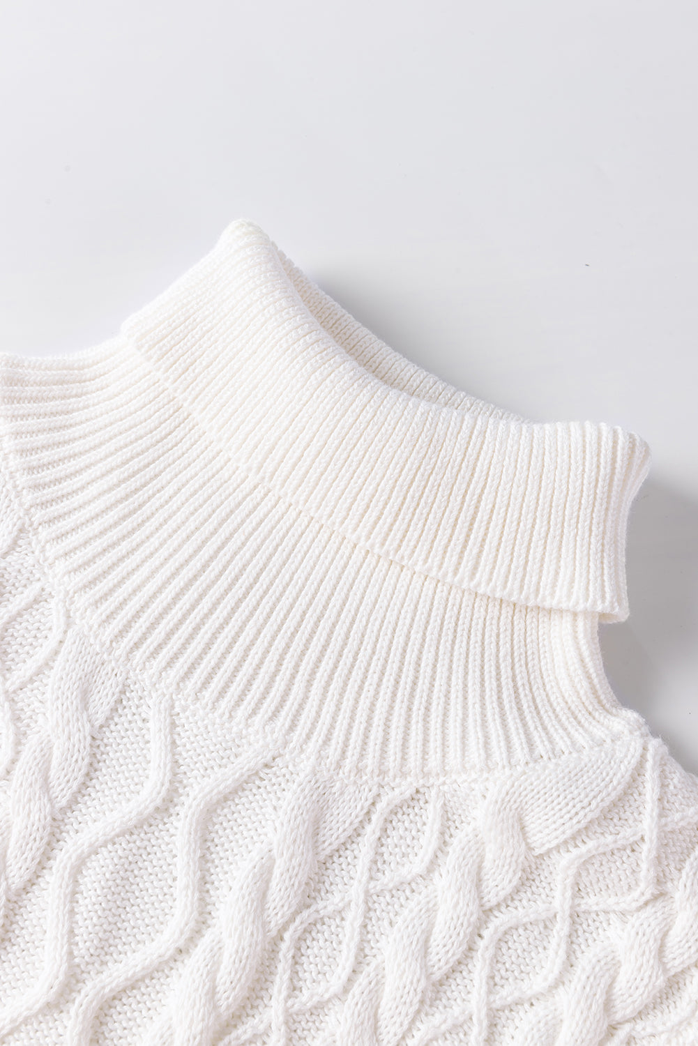 White Turtle Neck Short Sleeve Cable Knit Ruffled Sweater