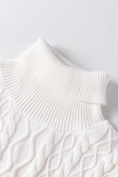 White Turtle Neck Short Sleeve Cable Knit Ruffled Sweater