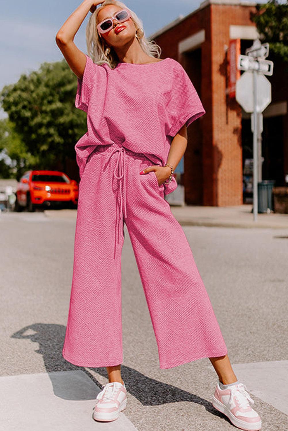 White Textured Loose Fit T Shirt and Drawstring Pants Set