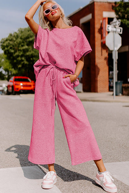 White Textured Loose Fit T Shirt and Drawstring Pants Set