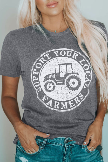 Camiseta estampada cinza APOIE SEUS AGRICULTORES LOCAIS