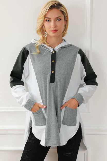 Black Color Block Exposed Seam Buttoned Neckline Hoodie