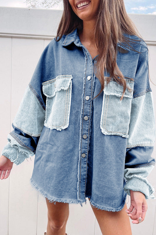 Veste en jean oversize bleu color block effiloché patchwork