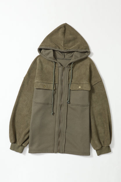 Gray Flap Pocket Drawstring Hood Zip Up Jacket