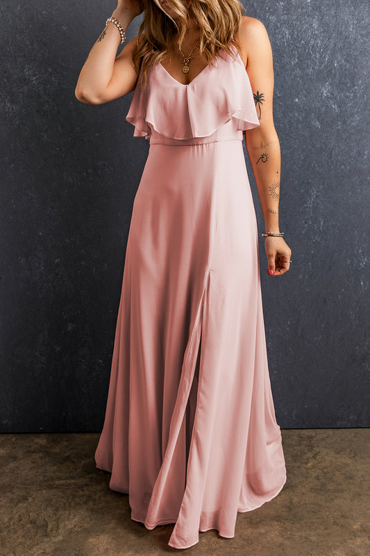 Robe longue fendue à volants et bretelles spaghetti rose clair