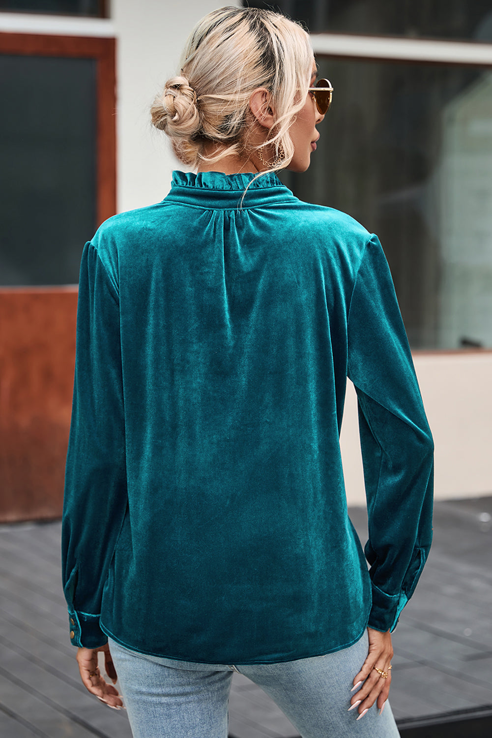 Green Frilled Neck Buttoned Front Velvet Top