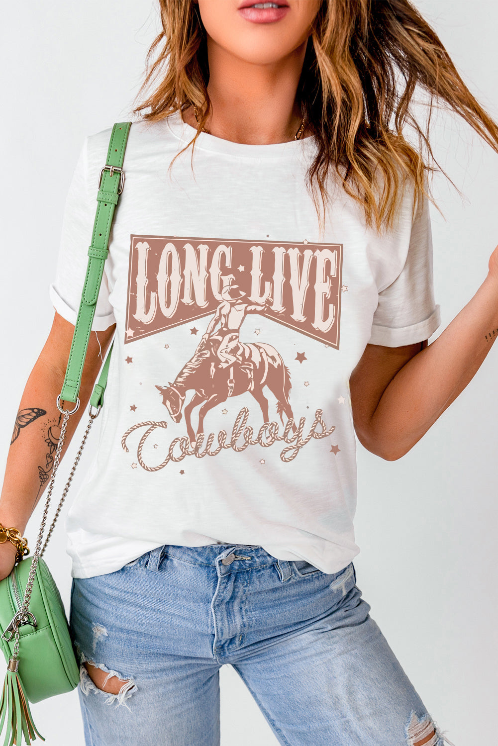 White LONG LIVE Cowboy Graphic Crewneck T Shirt