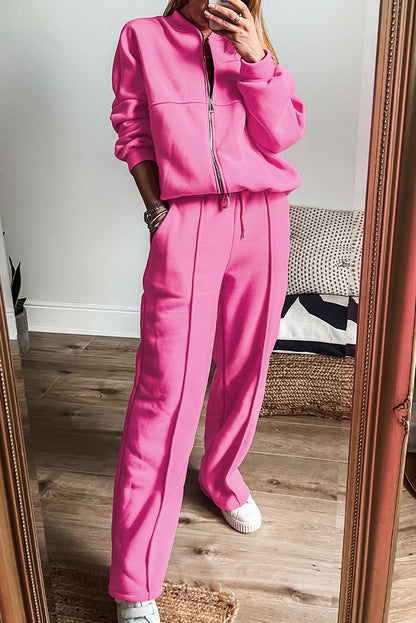 Bright Pink Solid Seamed Zipper Jacket and Drawstring Waist Pants Set