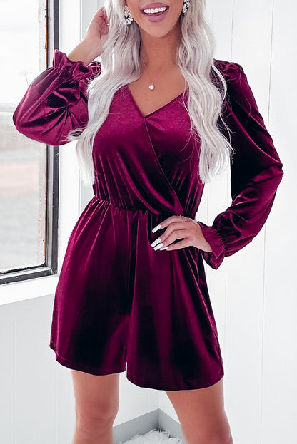 Red Dahlia Velvet Surplice Neck Ruffled Sleeve High Waist Romper