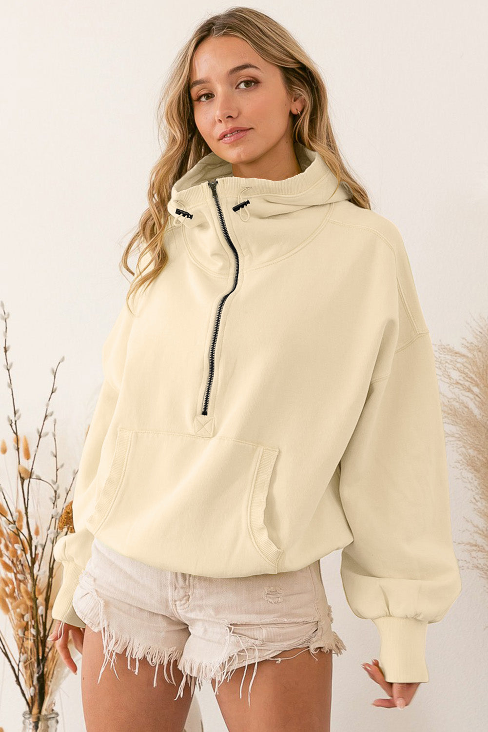 Yellow Ribbed Trim Kangaroo Pocket Zipped Hoodie