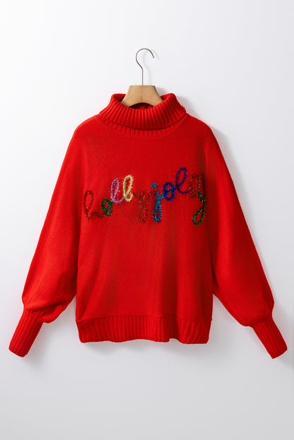 Fiery Red Christmas Holly Jolly Tinsel Graphic High Neck Sweater