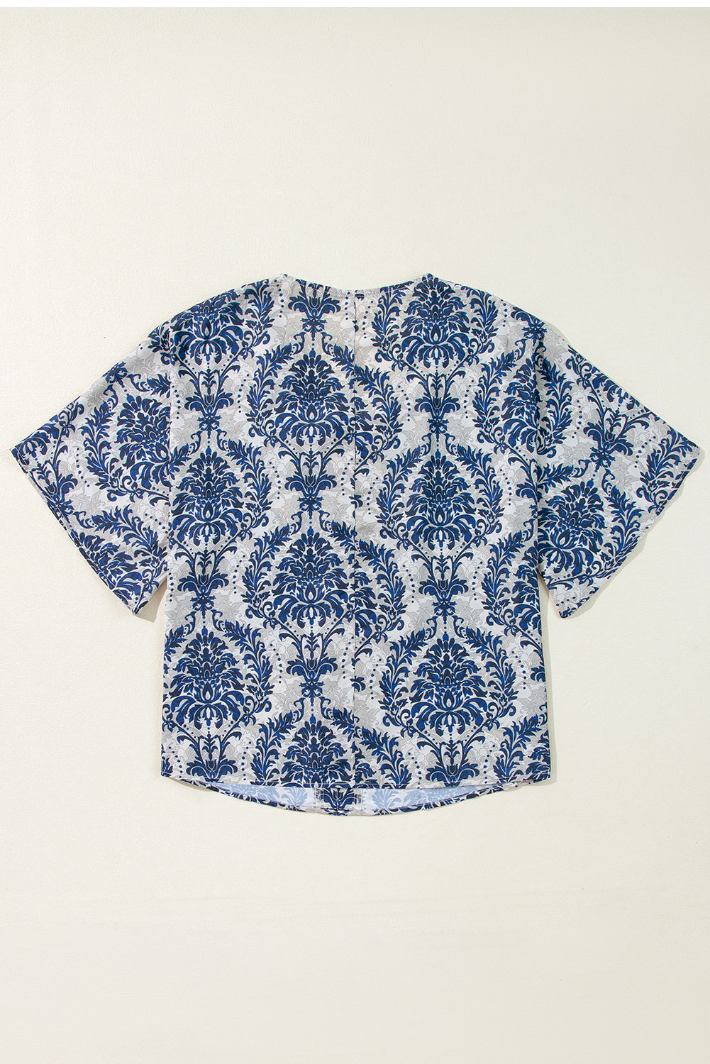 Blue Vintage Flower Tree Quarter Sleeve V Neck Blouse