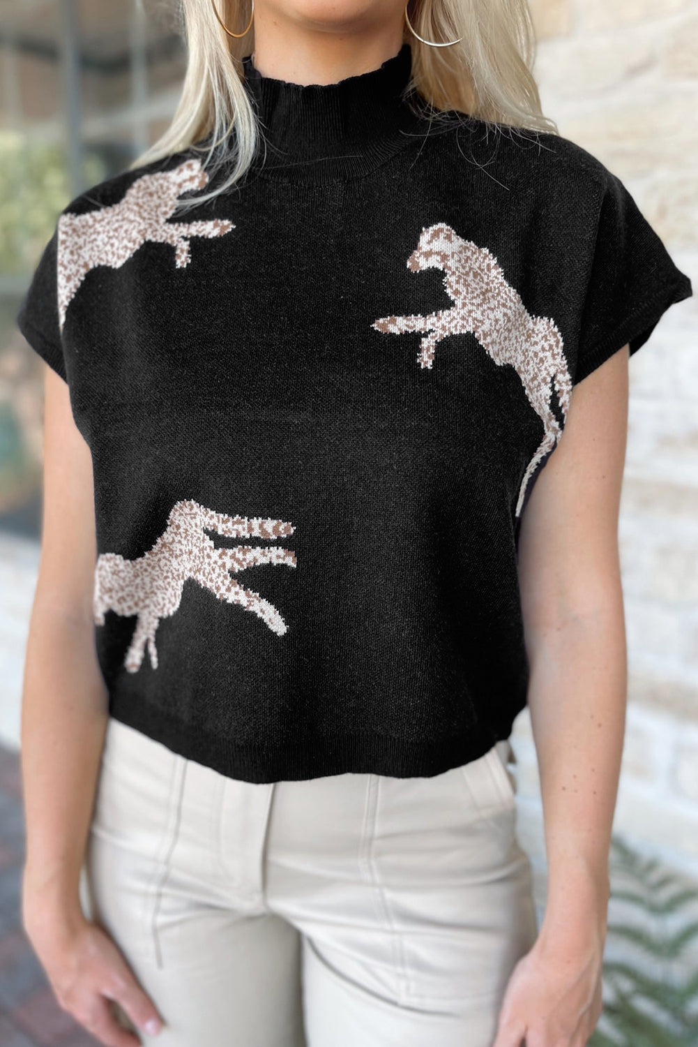 Apricot Lively Cheetah Pattern High Neck Short Sleeve Sweater