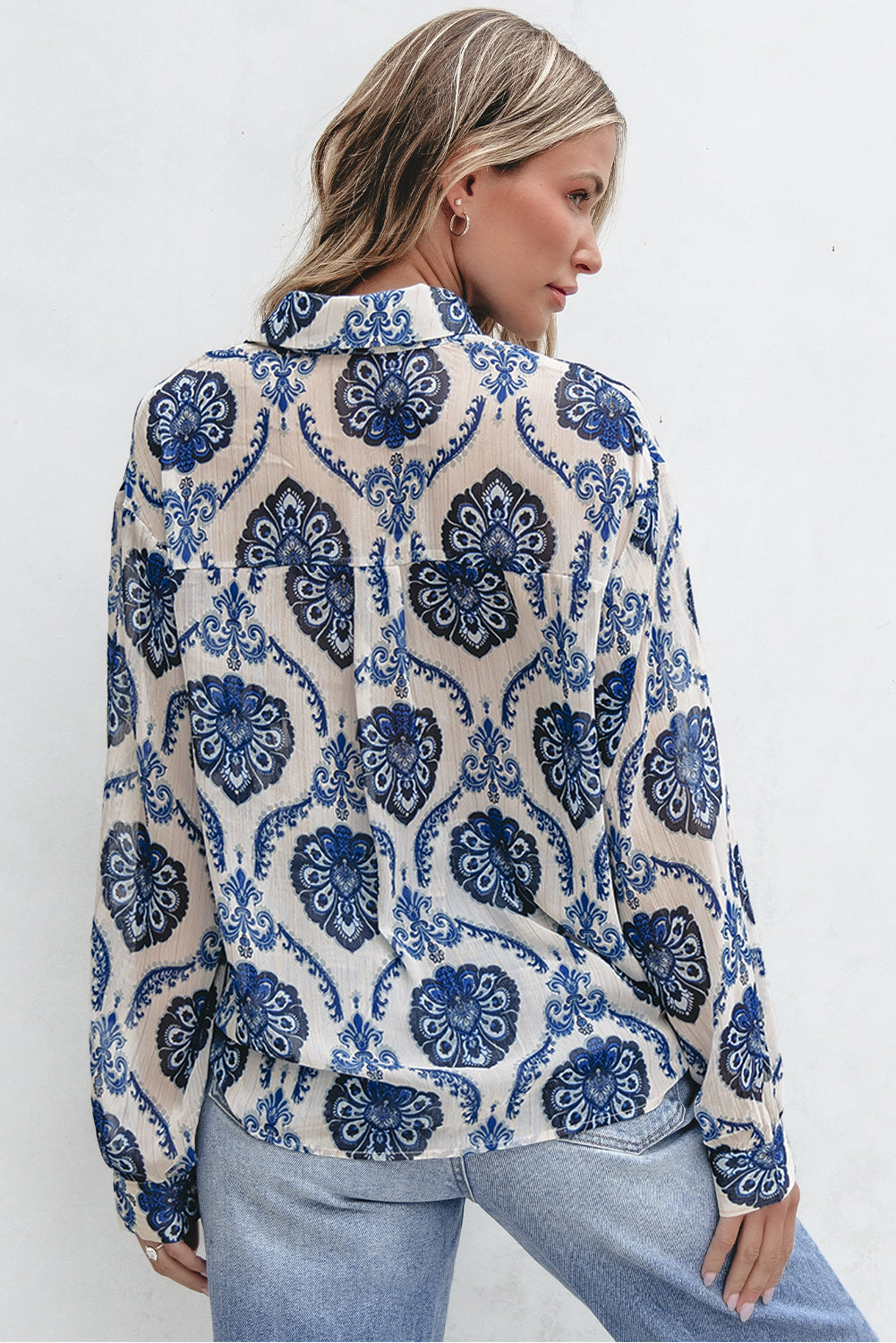 Blue Tribal Pattern Buttoned Front Loose Shirt