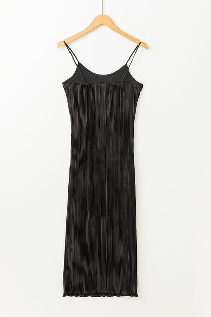 Black Spaghetti Straps Backless Pleated Midi Dress