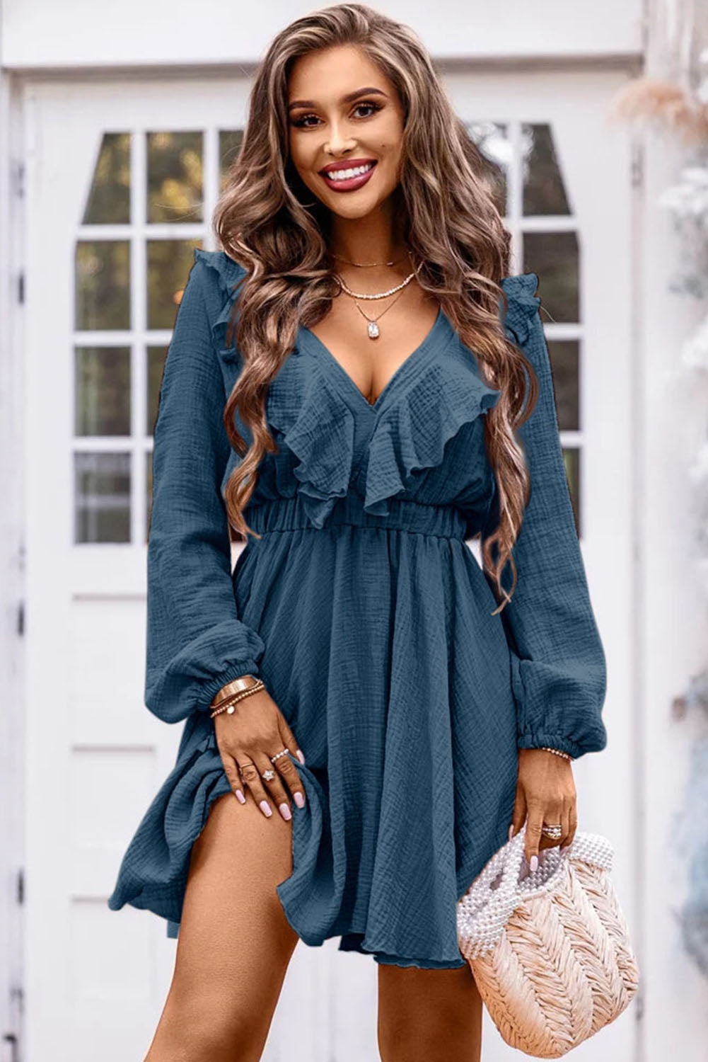 Black Textured Ruffled V Neck High Waist Mini Dress