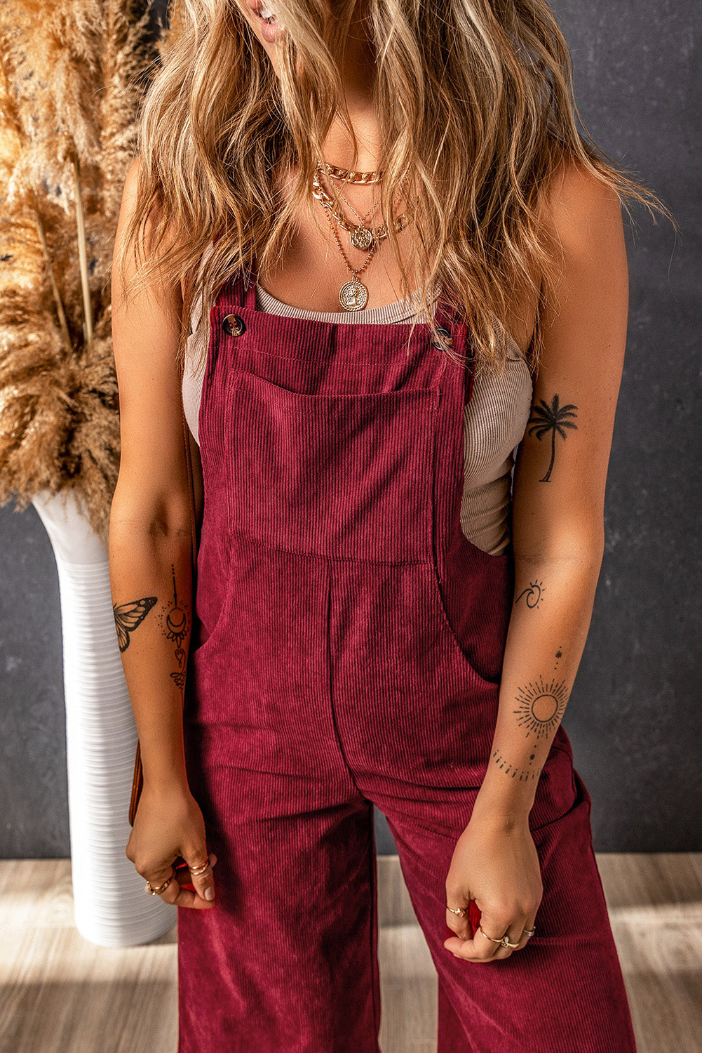 Black Solid Color Corduroy Wide Leg Bib Overalls