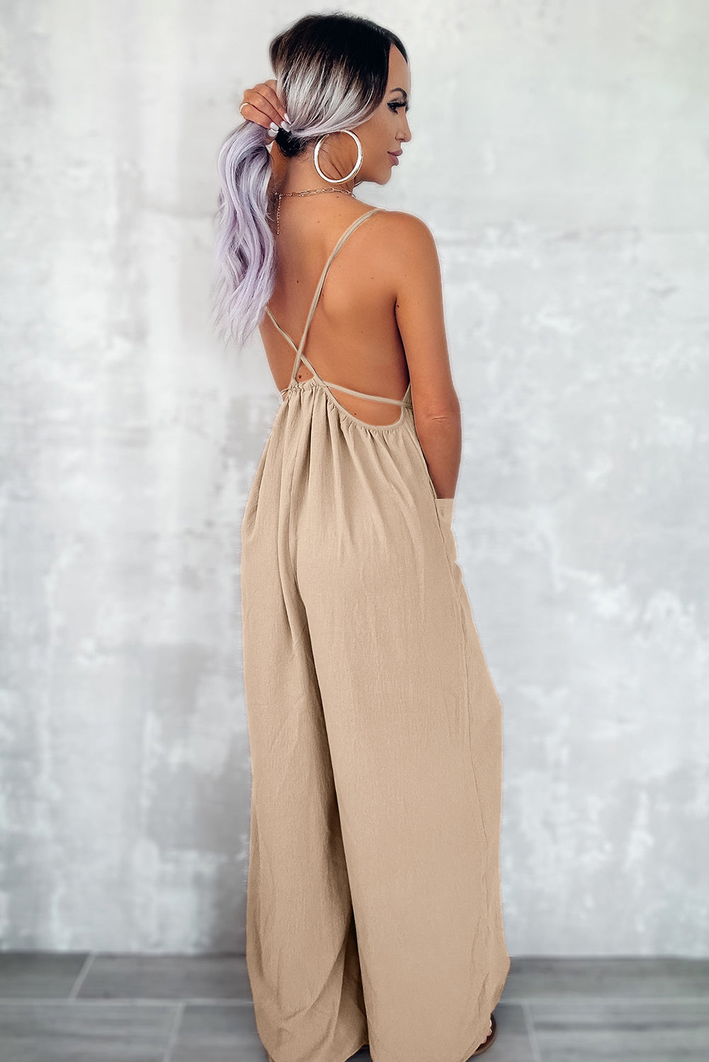 Chestnut Spaghetti Straps Waist Tie Wide Leg Jumpsuit with Pockets