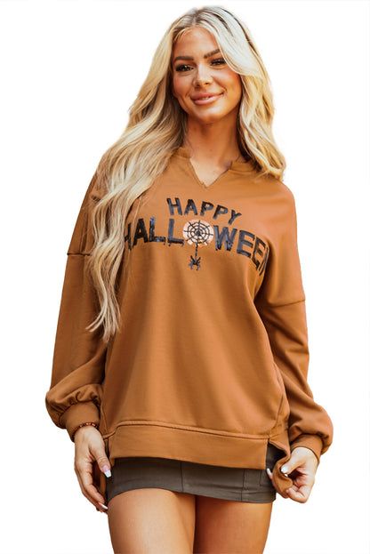 Chestnut Sequin Happy Halloween Graphic Notched Neck Long Sleeve Loose Top